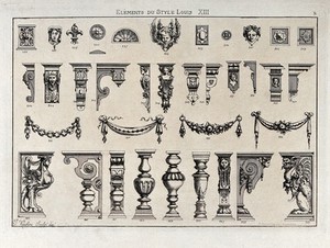 view Cabinet-making: decorative architectural elements. Etching by J. Verchère after himself.