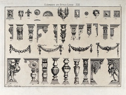 Cabinet-making: decorative architectural elements. Etching by J. Verchère after himself.