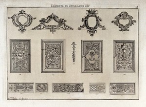 view Cabinet-making: decorative architectural elements. Etching by J. Verchère after himself, 1880.