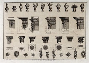 view Cabinet-making: decorative architectural elements. Etching by J. Verchère after himself, 1880.