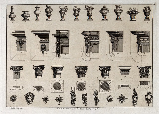 Cabinet-making: decorative architectural elements. Etching by J. Verchère after himself, 1880.