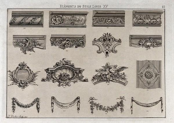 Cabinet-making: decorative architectural elements. Etching by J. Verchère after himself, 1880.