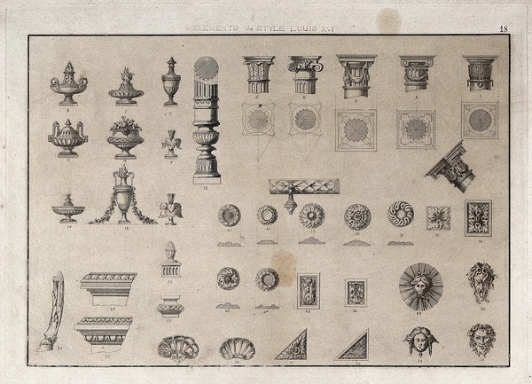 Cabinet-making: decorative architectural elements. Etching by J. Verchère after himself, 1880.