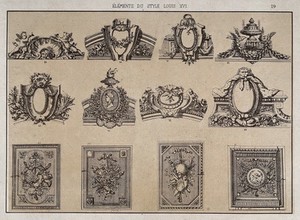 view Cabinet-making: decorative architectural elements. Etching by J. Verchère after himself, 1880.