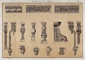 view Cabinet-making: decorative architectural elements. Etching by J. Verchère after himself, 1880.