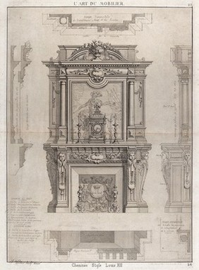 Cabinet-making: an architectural overmantel, elevations and sections. Etching by J. Verchère after himself, 1880.