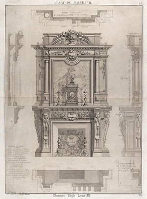 view Cabinet-making: an architectural overmantel, elevations and sections. Etching by J. Verchère after himself, 1880.