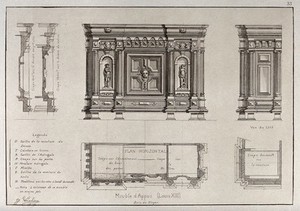 view Cabinet-making: designs for a sideboard. Etching by J. Verchère after himself, 1880.