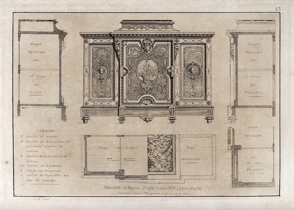 Cabinet-making: designs for a sideboard. Etching by J. Verchère after himself, 1880.