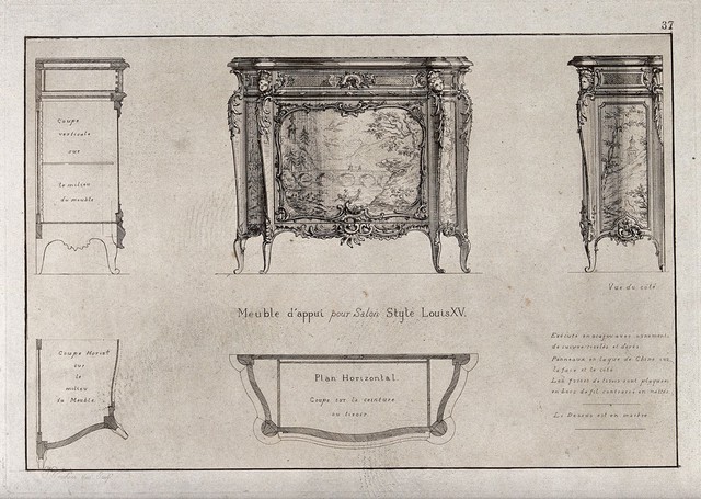 Cabinet-making: designs for a sideboard. Etching by J. Verchère after himself, 1880.