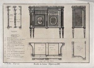 view Cabinet-making: designs for a sideboard. Etching by J. Verchère after himself, 1880.