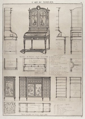 view Cabinet-making: decorative architectural elements. Etching by J. Verchère after himself, 1880.