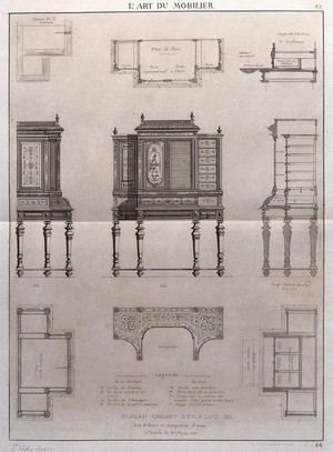 view Cabinet-making: decorative architectural elements. Etching by J. Verchère after himself, 1880.