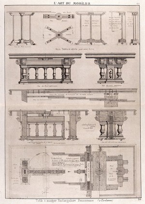 view Cabinet-making: designs for a table. Etching by J. Verchère after himself, 1880.