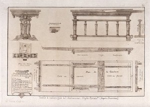 view Cabinet-making: designs for a bureau. Etching by J. Verchère after himself, 1880.