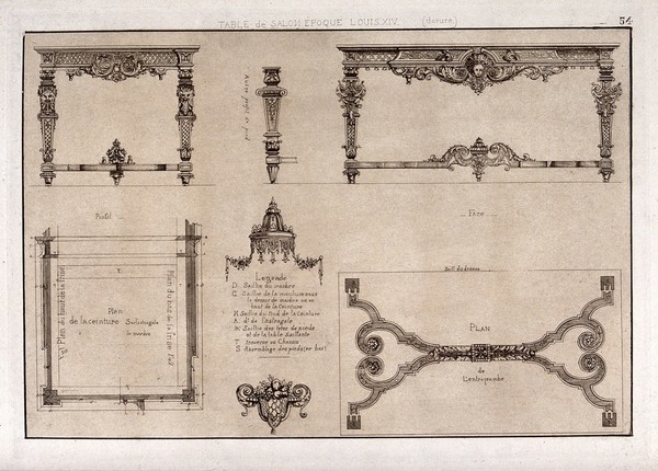 Cabinet-making: designs for a bureau. Etching by J. Verchère after himself, 1880.