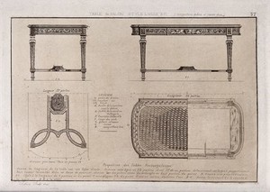 view Cabinet-making: designs for a table. Etching by J. Verchère after himself, 1880.