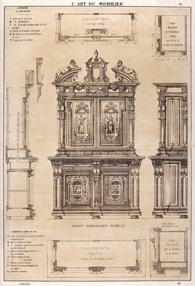 Cabinet-making: designs for a tall cupboard. Etching by J. Verchère after himself, 1880.