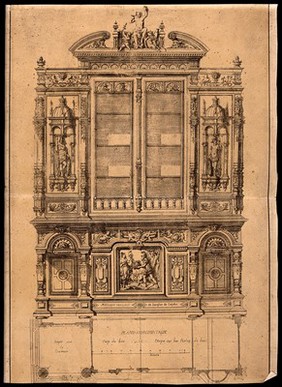 Cabinet-making: designs for an armorial display case. Etching by J. Verchère after himself, 1880.