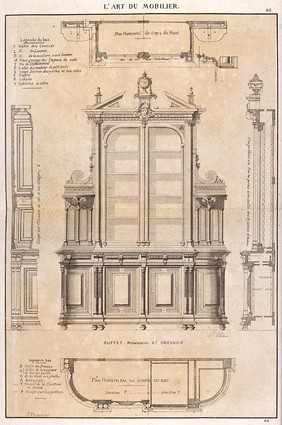 Cabinet-making: designs for a cupboard. Etching by J. Verchère after himself, 1880.