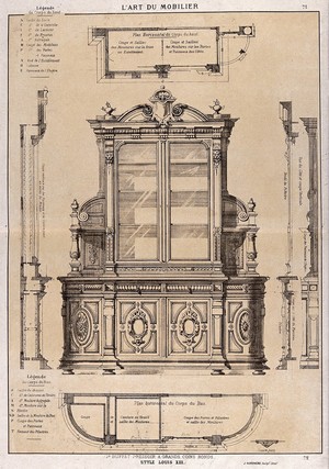 view Cabinet-making: designs for a cupboard. Etching by J. Verchère after himself, 1880.