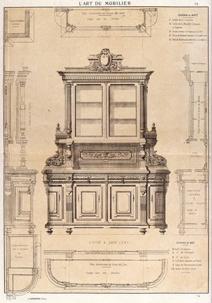 view Cabinet-making: designs for a cupboard. Etching by J. Verchère after himself, 1880.