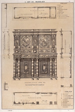 view Cabinet-making: designs for a cupboard. Etching by J. Verchère after himself, 1880.