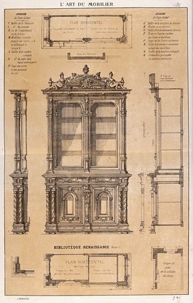 Cabinet-making: design for a glass-fronted bookcase. Etching by J. Verchère after himself.