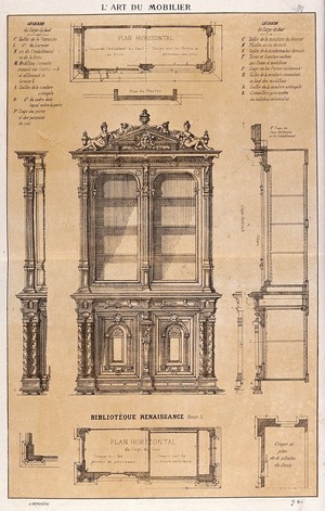 view Cabinet-making: design for a glass-fronted bookcase. Etching by J. Verchère after himself.