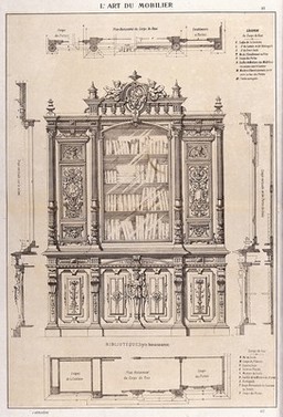 Cabinet-making: designs for a cupboard. Etching by J. Verchère after himself, 1880.