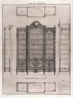 Cabinet-making: designs for a bookcase. Etching by J. Verchère after himself, 1880.