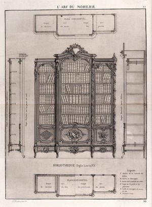 view Cabinet-making: designs for a bookcase. Etching by J. Verchère after himself, 1880.