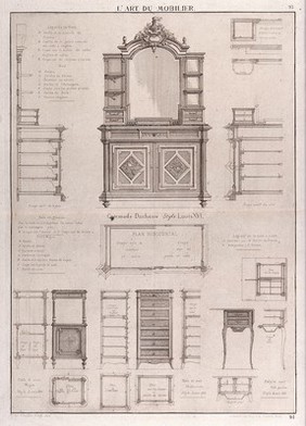 Cabinet-making: designs for a sideboard. Etching by J. Verchère after himself, 1880.