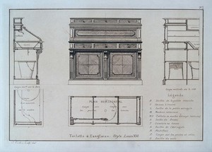 view Cabinet-making: designs for a sideboard. Etching by J. Verchère after himself, 1880.