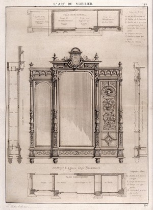 view Cabinet-making: designs for a wardrobe. Etching by J. Verchère after himself, 1880.