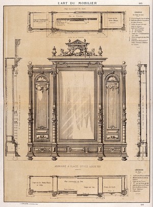 view Cabinet-making: designs for a wardrobe. Etching by J. Verchère after himself, 1880.