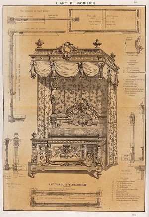 view Cabinet-making: design for a bed. Etching by J. Verchère after himself, 1880.