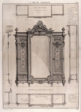 Cabinet-making: designs for a wardrobe. Etching by J. Verchère after himself, 1880.