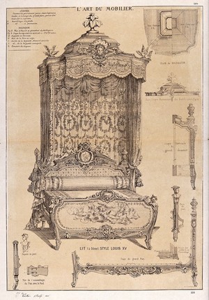 view Cabinet-making: design for a canopied bed. Etching by J. Verchère after himself, 1880.