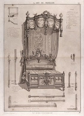 Cabinet-making: design for a canopied bed. Etching by J. Verchère after himself, 1880.