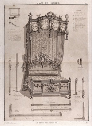 view Cabinet-making: design for a canopied bed. Etching by J. Verchère after himself, 1880.