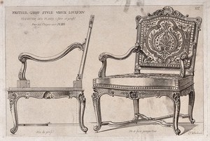 view Cabinet-making: designs for a chair. Etching by J. Verchère after himself, 1880.