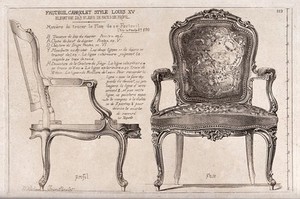 view Cabinet-making: designs for a chair. Etching by J. Verchère after himself, 1880.