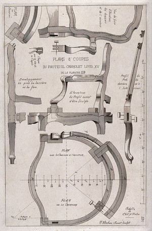 view Cabinet-making: designs for a chair. Etching by J. Verchère after himself, 1880.