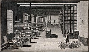 view Pottery: a large workshop with drying racks for porcelain articles. Engraving by Deferht after Lucotte.