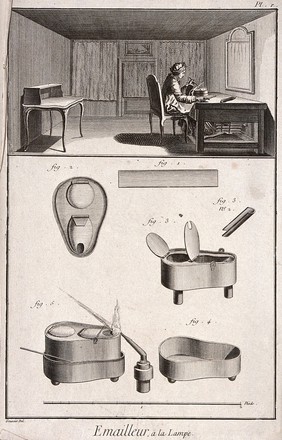 Enamelling: an enameller working at his lamp, operating bellows with his foot (top), equipment (below). Engraving by Defehrt after L.J. Goussier.