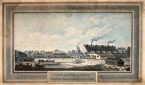 Glass: the British plate glass factory, St Helens, Lancashire. Coloured aquatint.