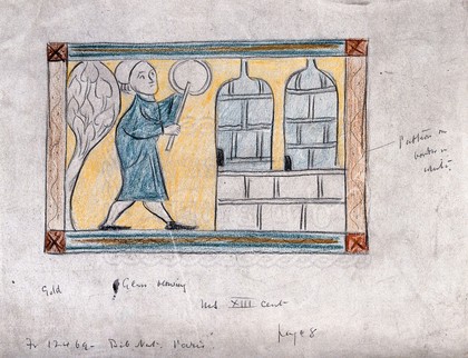 Glass: a mediaeval glass-maker at work beside his furnace. Coloured pencil drawing, [n.d., twentieth century], after a thirteenth century French manuscript illustration.