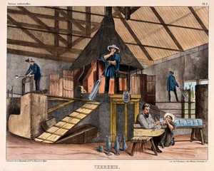 view Glass: the interior of a glass factory, with people at work. Coloured lithograph by P. Bineteau, 1848.