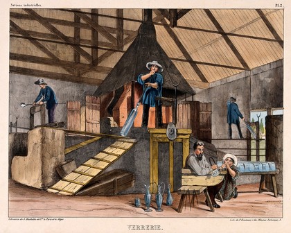 Glass: the interior of a glass factory, with people at work. Coloured lithograph by P. Bineteau, 1848.